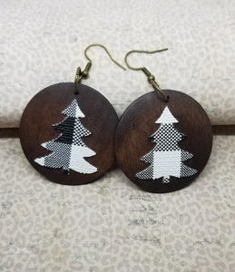 Buffalo Plaid Christmas Tree Wood Dangle Earrings