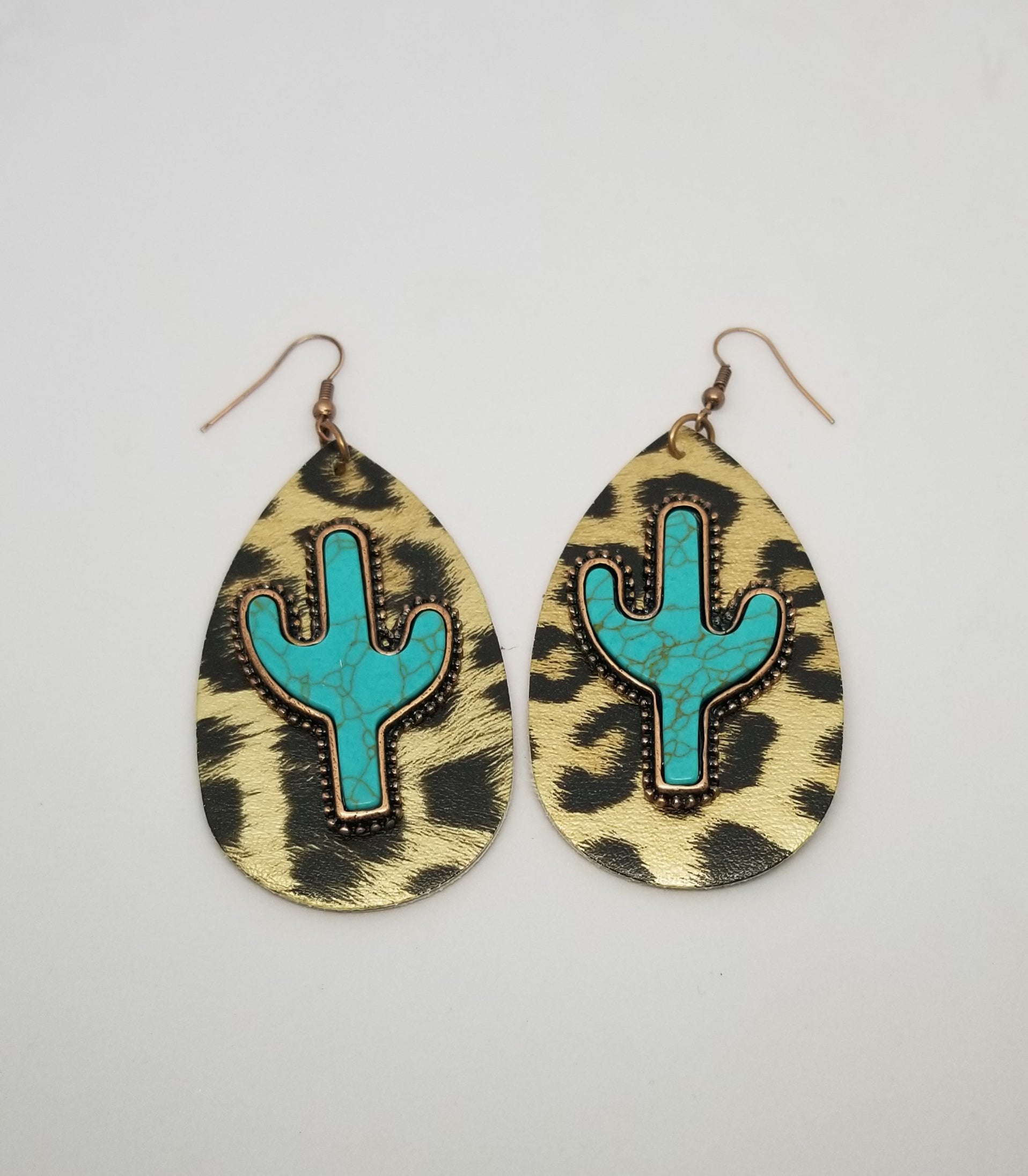 Gold Leopard w/ Turquoise Cactus Double Sided Earrings