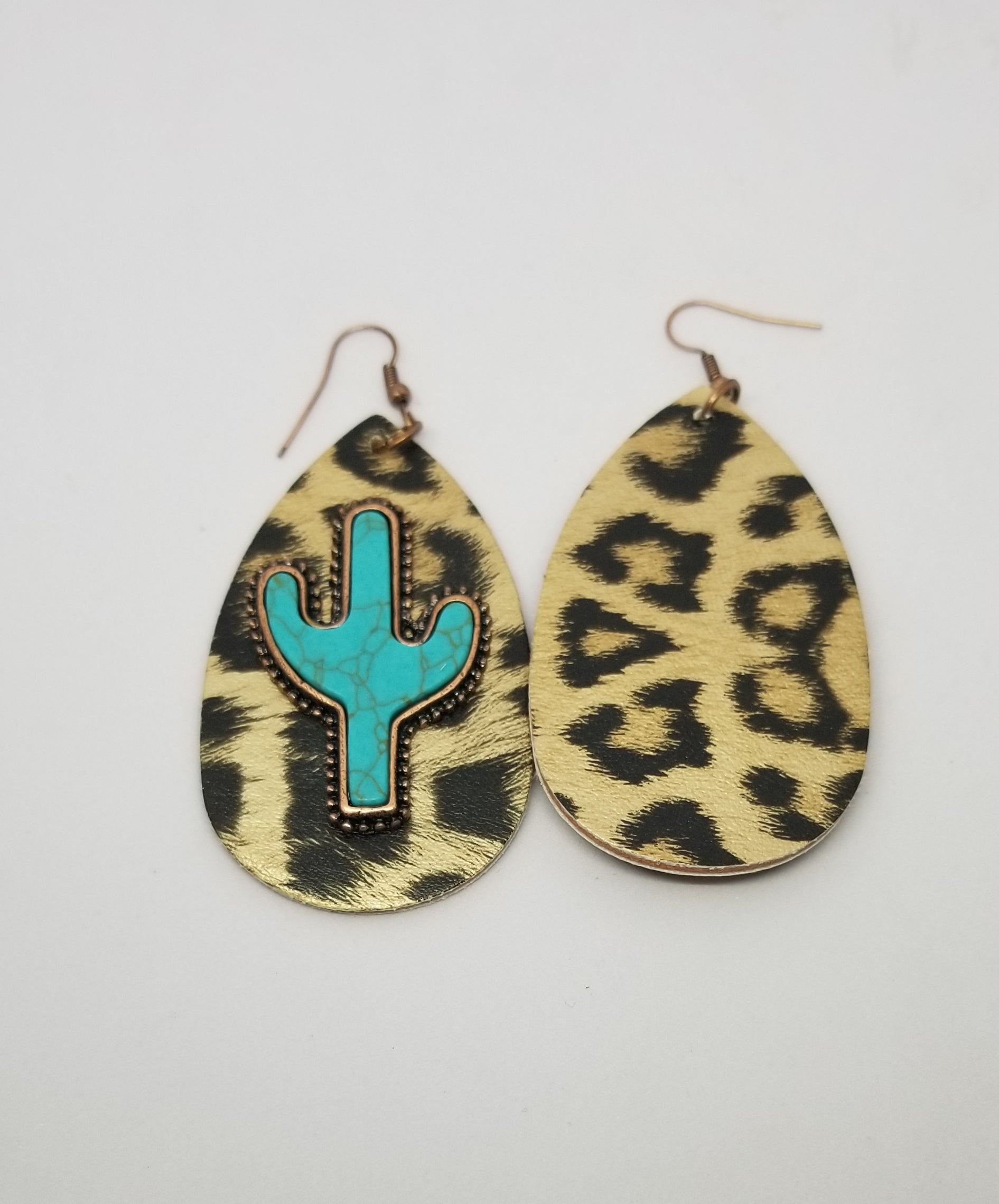 Gold Leopard w/ Turquoise Cactus Double Sided Earrings