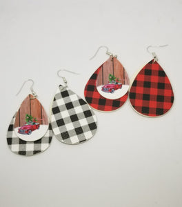 Red Truck Buffalo Plaid Christmas / Winter Earrings Double Sided