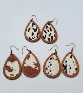 Animal Print Leather & Wood Teardrop Earrings