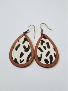 Animal Print Leather & Wood Teardrop Earrings