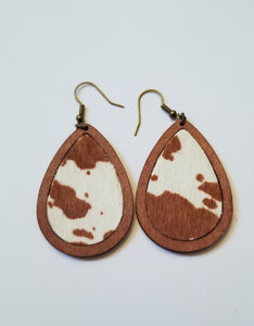 Animal Print Leather & Wood Teardrop Earrings