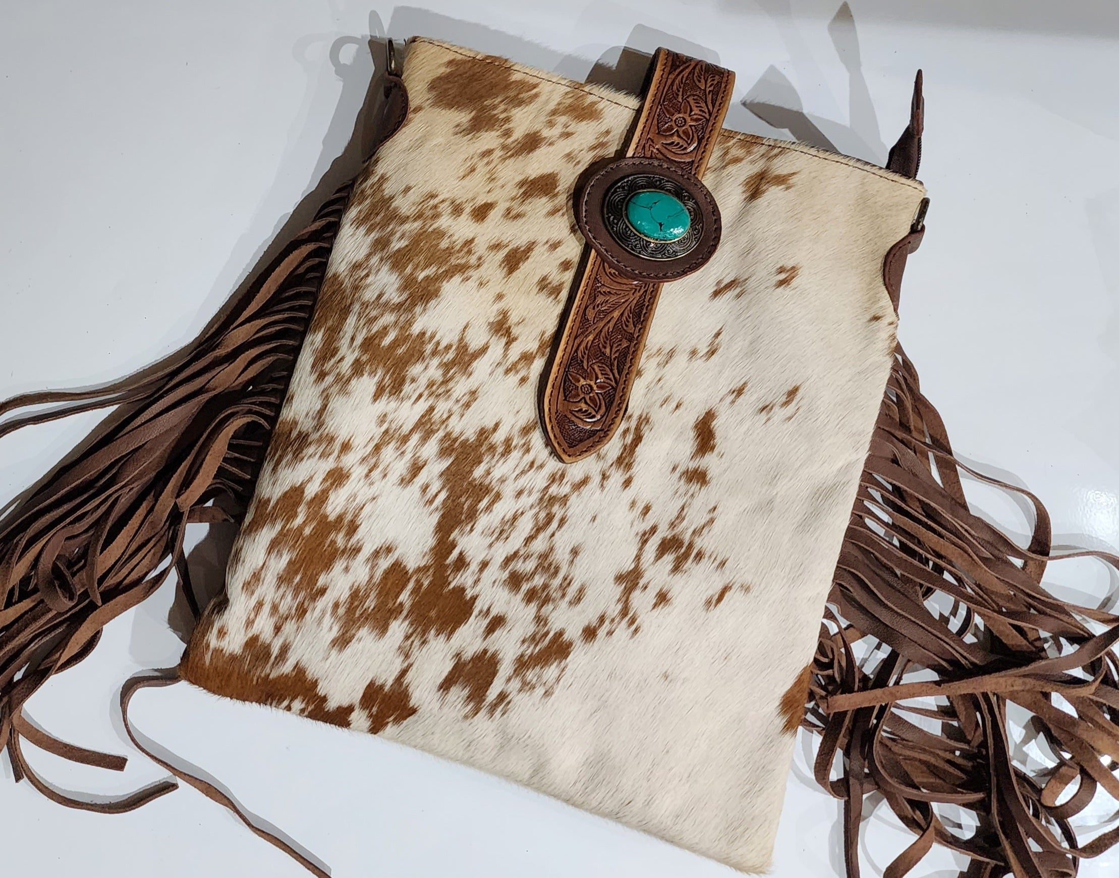 Genuine Leather Shoulder Bag W/ Carved/Tooled Leather Strap