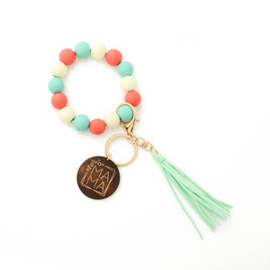 Coral and Mint Mama Wood Bead Tassel Bracelet Keychain