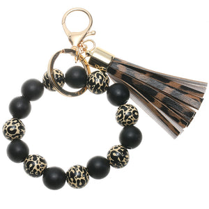 Leopard Wood Bead Tassel Bracelet Keychain