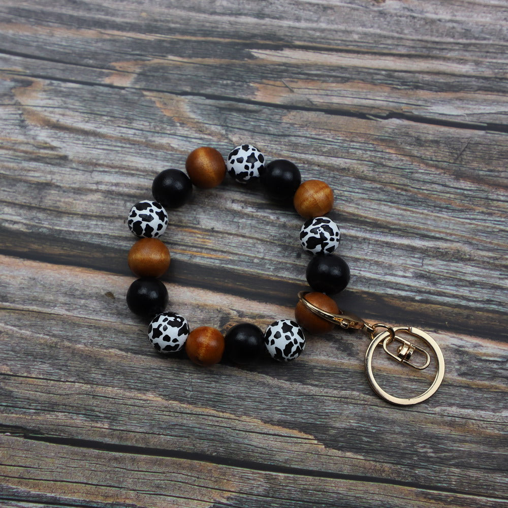 Cow Print Wood Bead  Bracelet Keychain