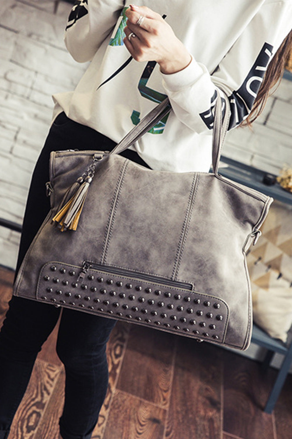 Gray Vintage Studded Handbag / Tote