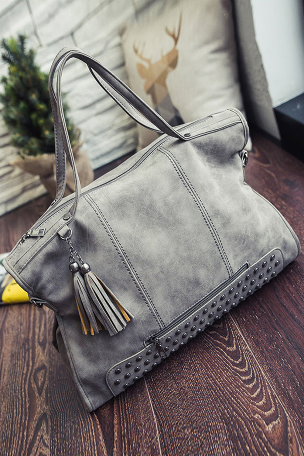 Gray Vintage Studded Handbag / Tote