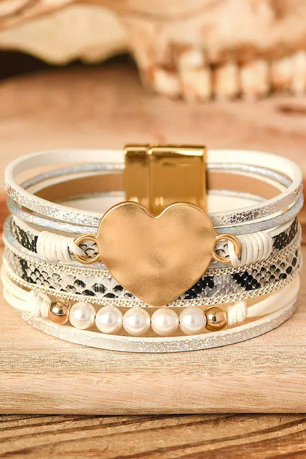 Heart & Pearls Leather Magnetic White Bracelet