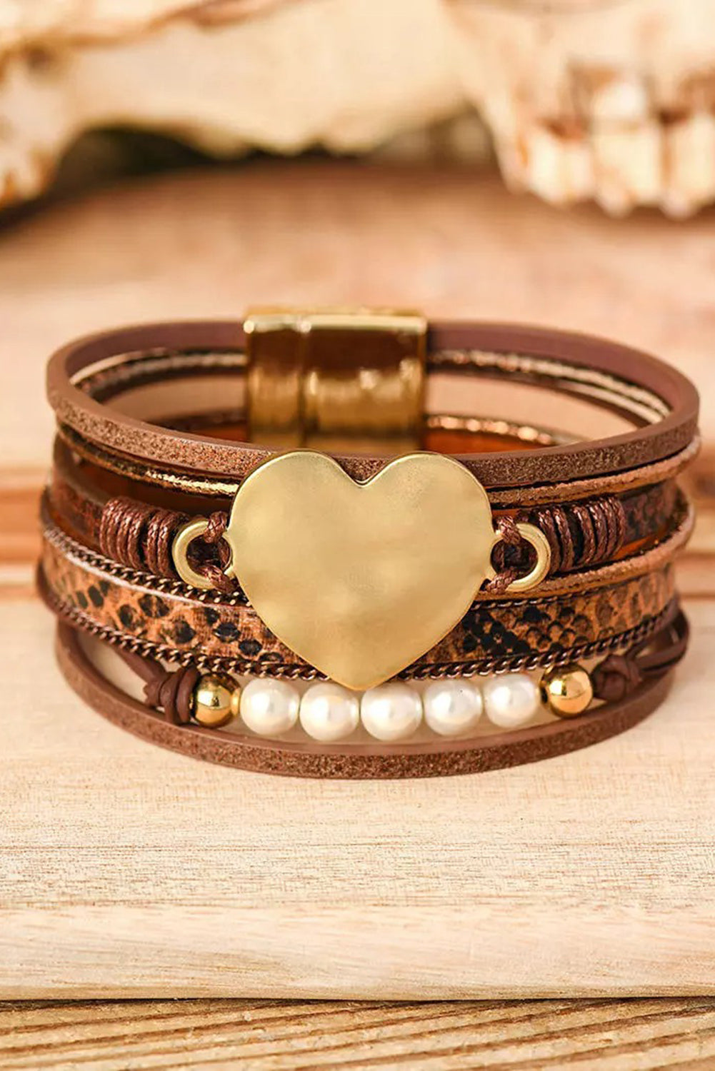 Heart & Pearls Leather Magnetic Brown Bracelet