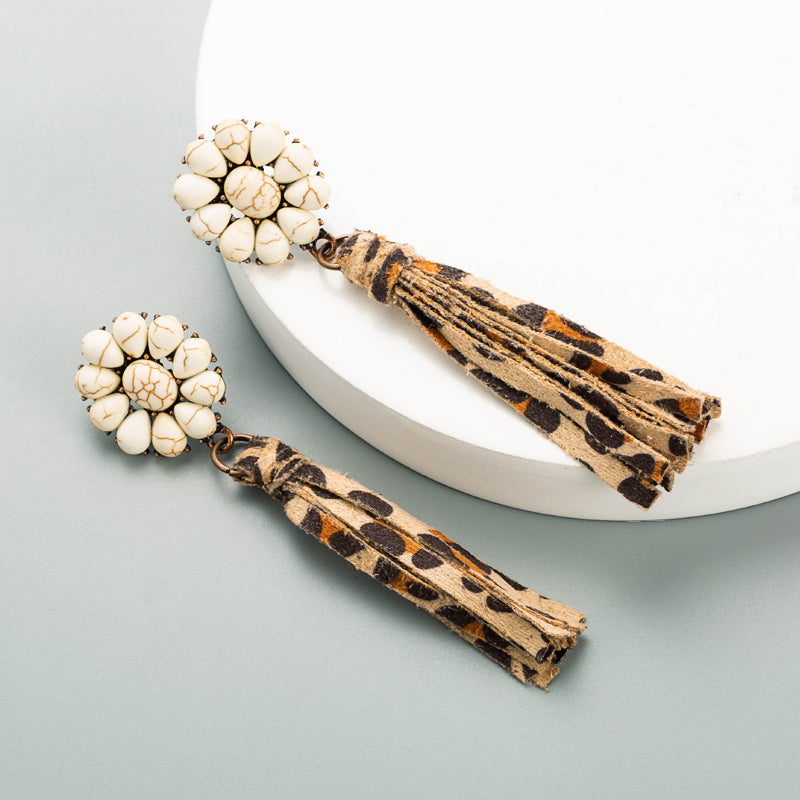 White Turquoise Leopard Print Tassel Earrings