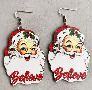 Believe Santa Wood Christmas Earrings