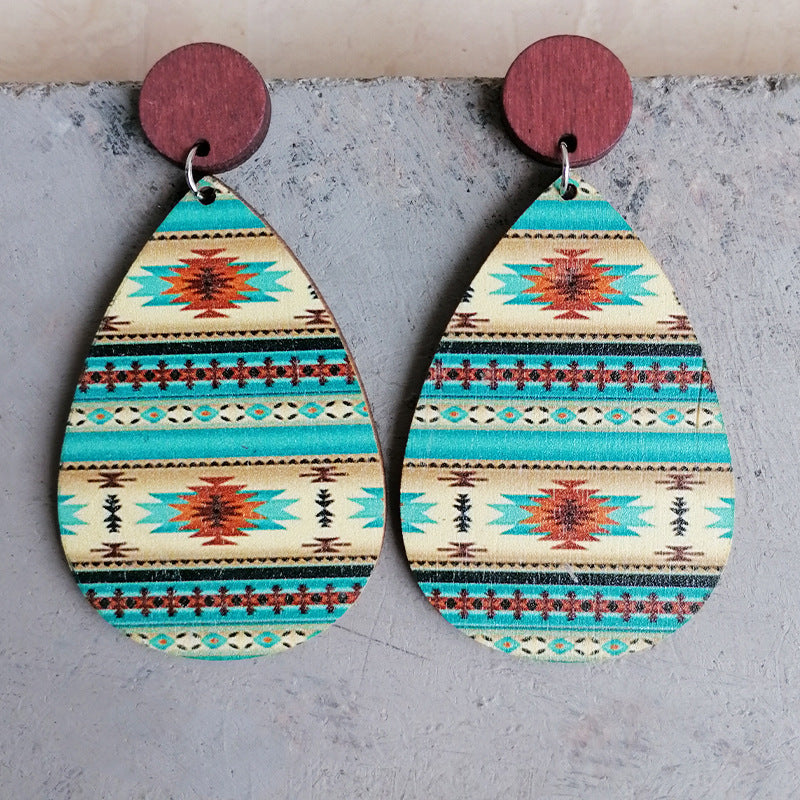 Wood Aztec Print Teardrop Earrings