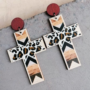 Boho Wood Earrings -  Leopard Print Cross