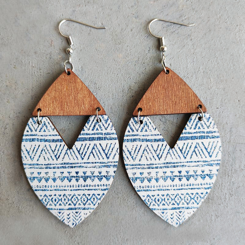 Boho Wood Earrings - Faded Blue and White