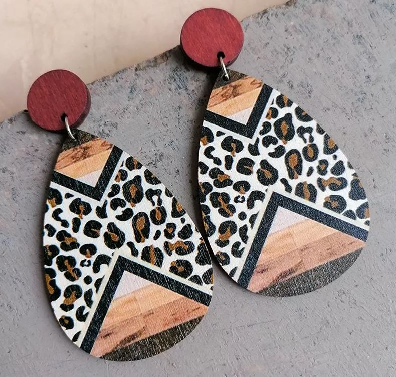 Boho Wood Earrings -  Leopard Print Teardrop