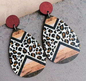 Boho Wood Earrings -  Leopard Print Teardrop