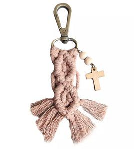 Macramé Tassel Keychain with Wood Beads and Cross