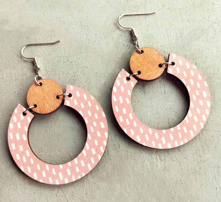 Pink Polka Dot Wood Earrings