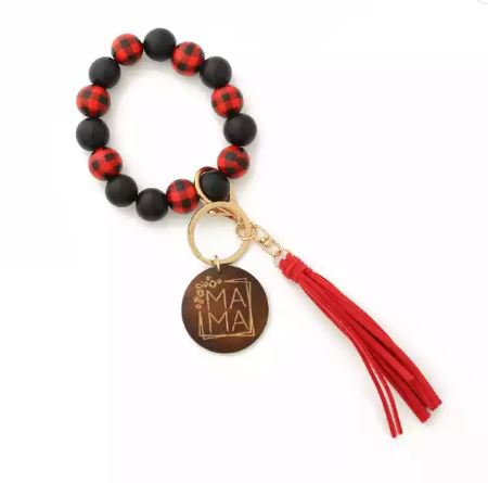 Red Buffalo Plaid Mama Wood Bead Tassel Bracelet Keychain