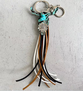 Teal Embossed Leather Steer Head Sunflower Tassel Keychain