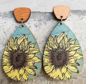 Boho Wood Earrings -  Sunflower Teardrop